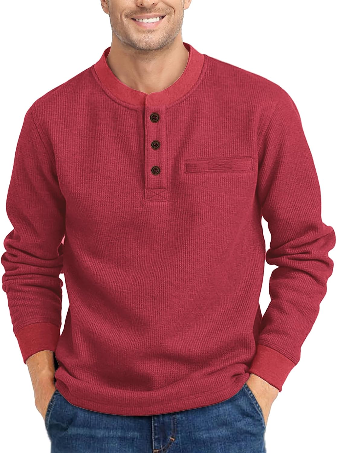  Men's Casual Waffle Thermal Fashion Pullover 3-Button T-Shirt with Pocket