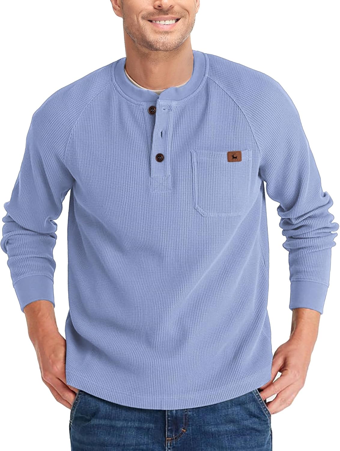  Men's Casual Waffle Thermal Fashion Pullover 3-Button T-Shirt with Pocket