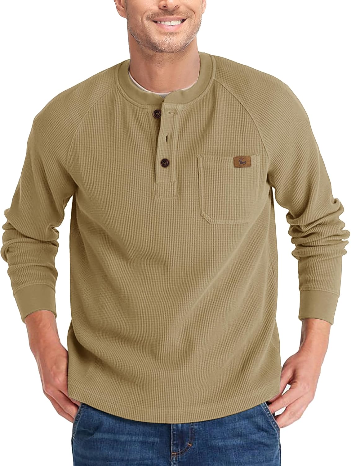  Men's Casual Waffle Thermal Fashion Pullover 3-Button T-Shirt with Pocket