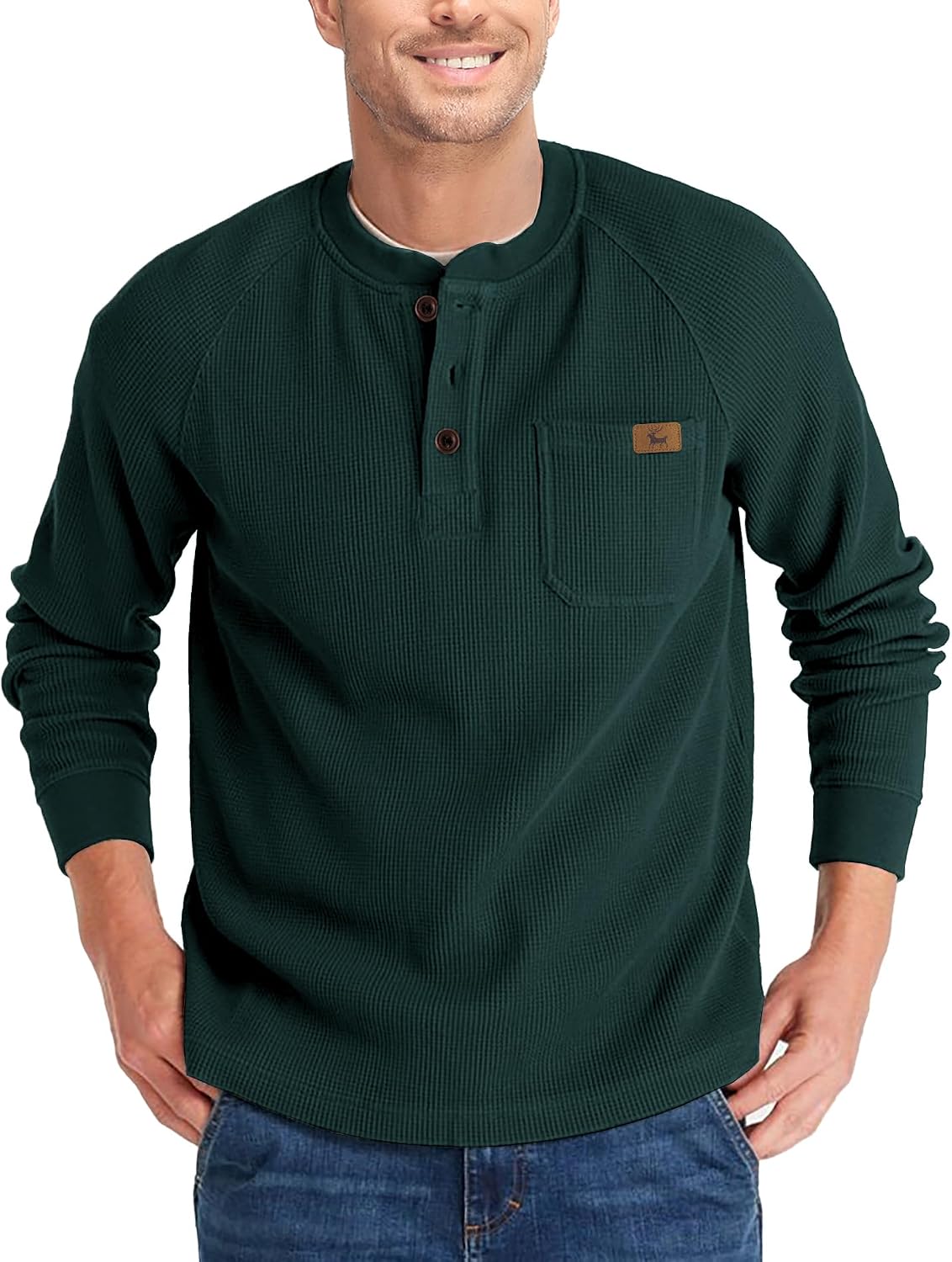  Men's Casual Waffle Thermal Fashion Pullover 3-Button T-Shirt with Pocket