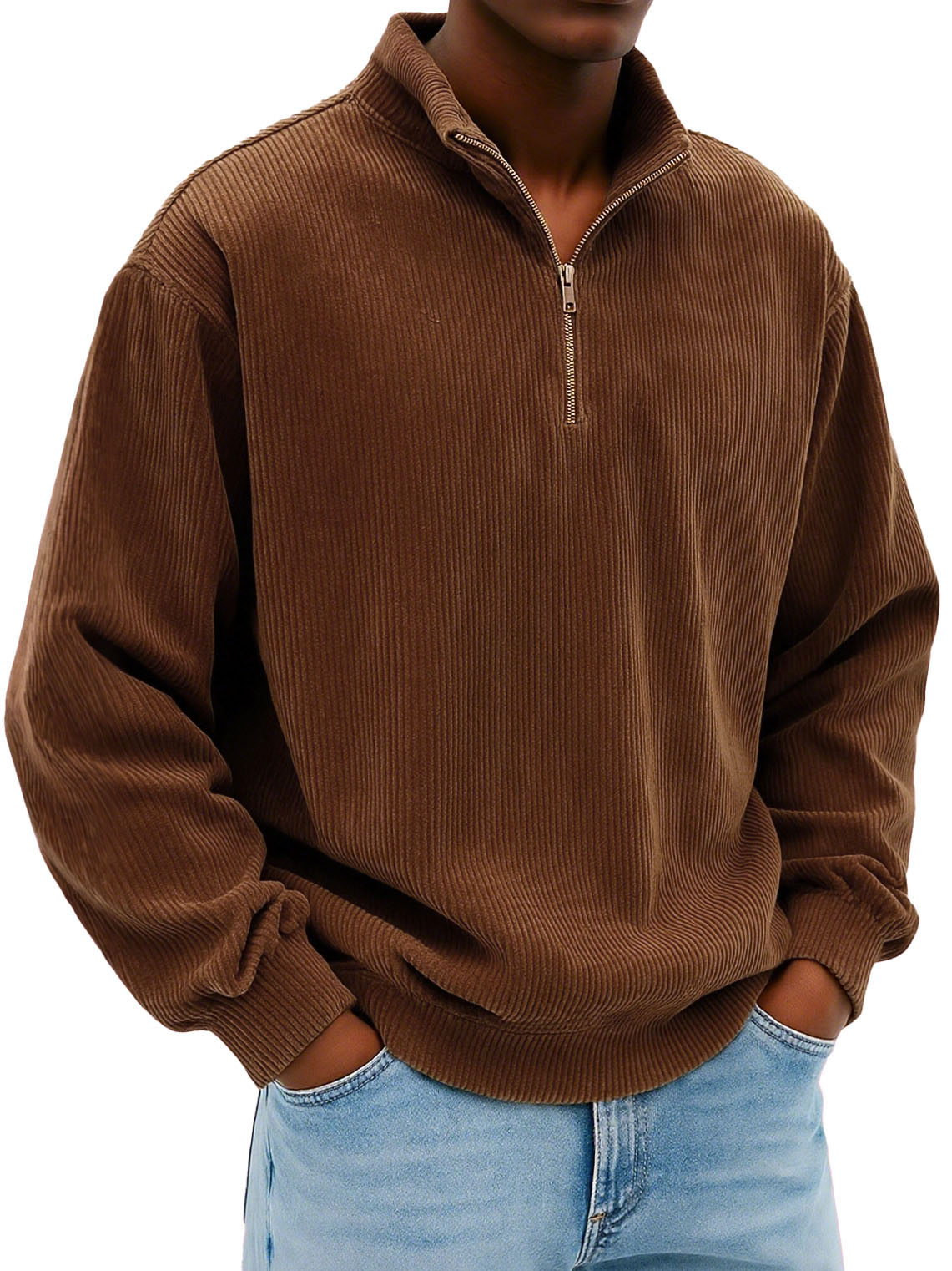 Men's Wear Fashionable Daily Casual Corduroy Pit Strip Fabric Long-sleeved Loose Stand-up Collar Sweater