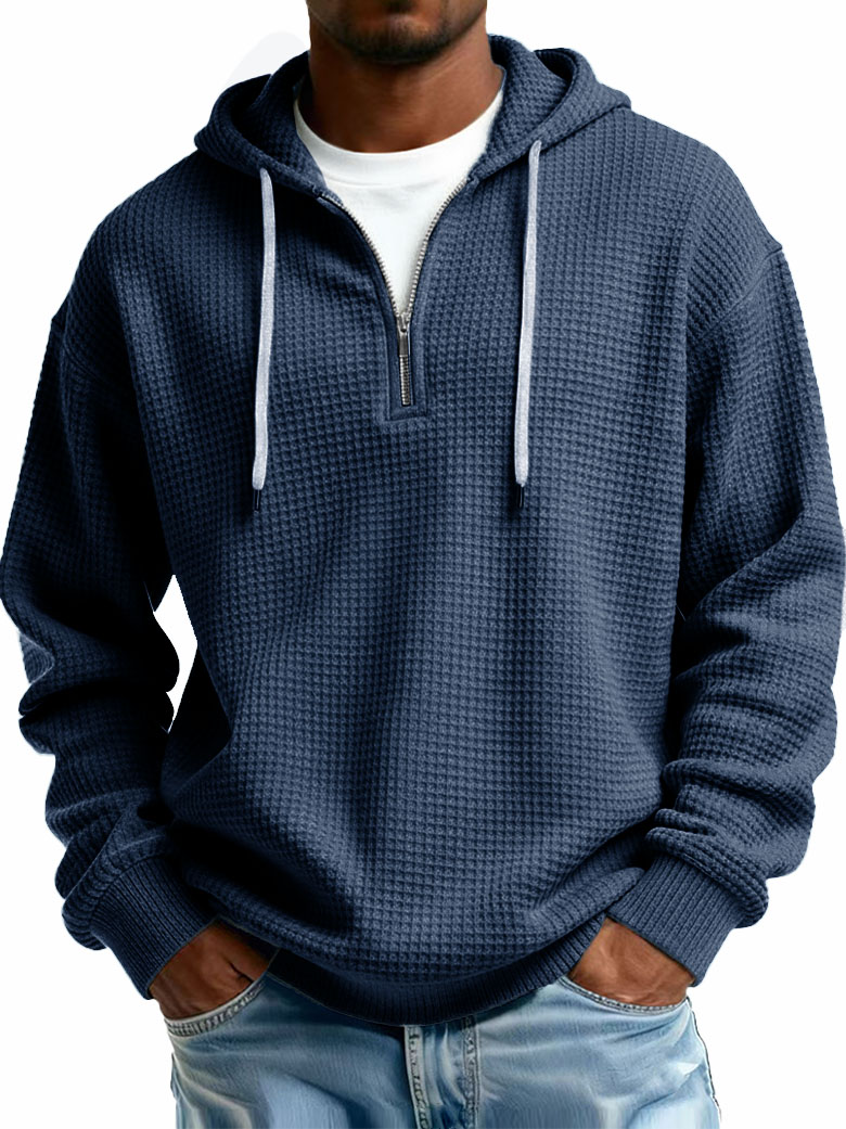 Men's Stylish Casual Waffle Fabric Half-zip Hooded Sweatshirt 