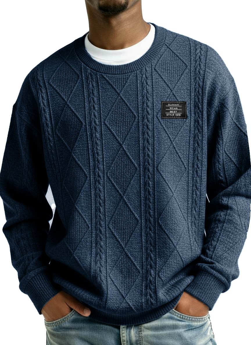 Men's Stylish Vintage Everyday Jacquard Fabric Embroidered Logo Long-sleeved Crew Neck Sweatshirt