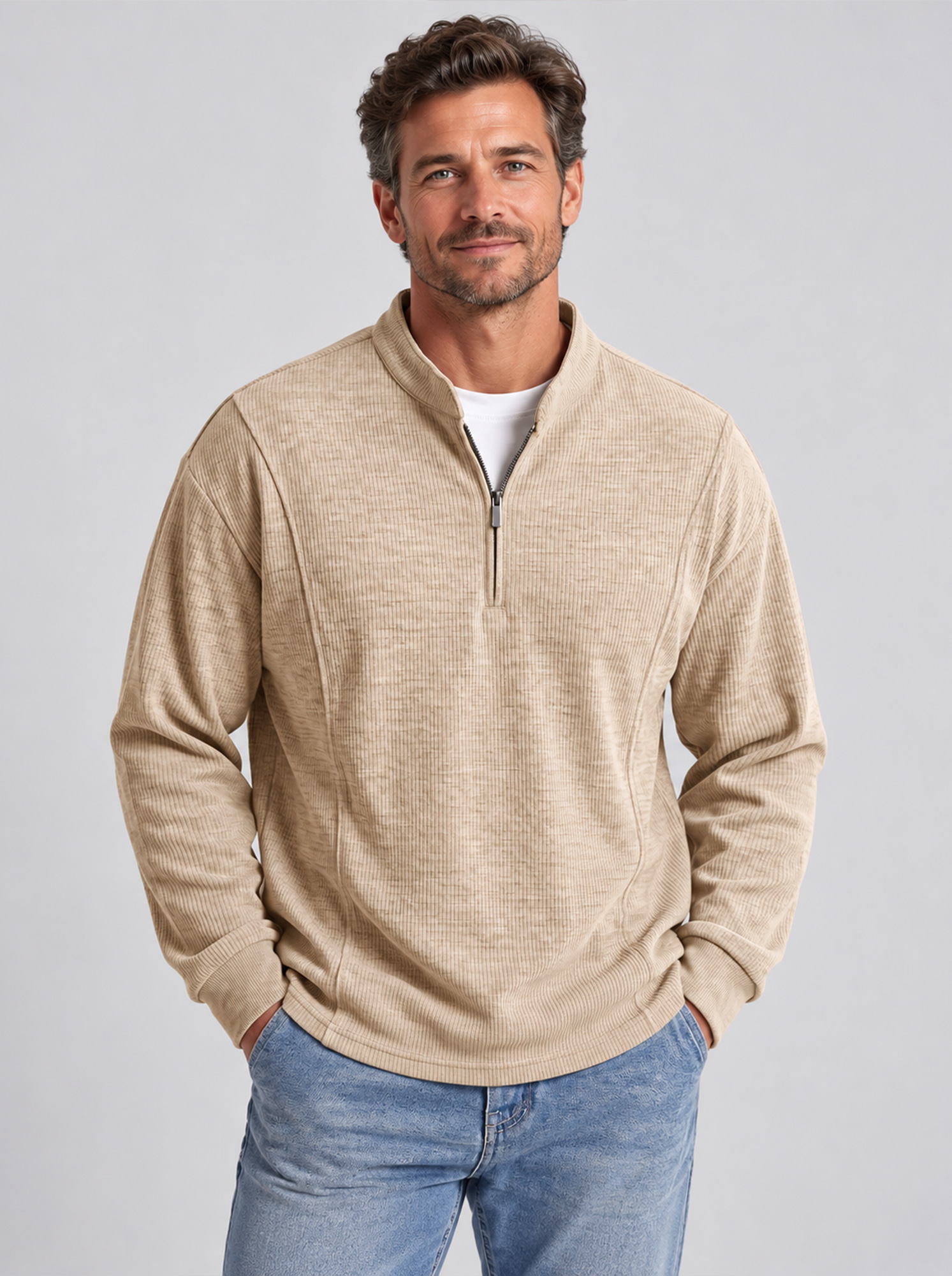 Men's Autumn Ribbed Stand-Collar Zip-Front Casual Long-Sleeve T-Shirt