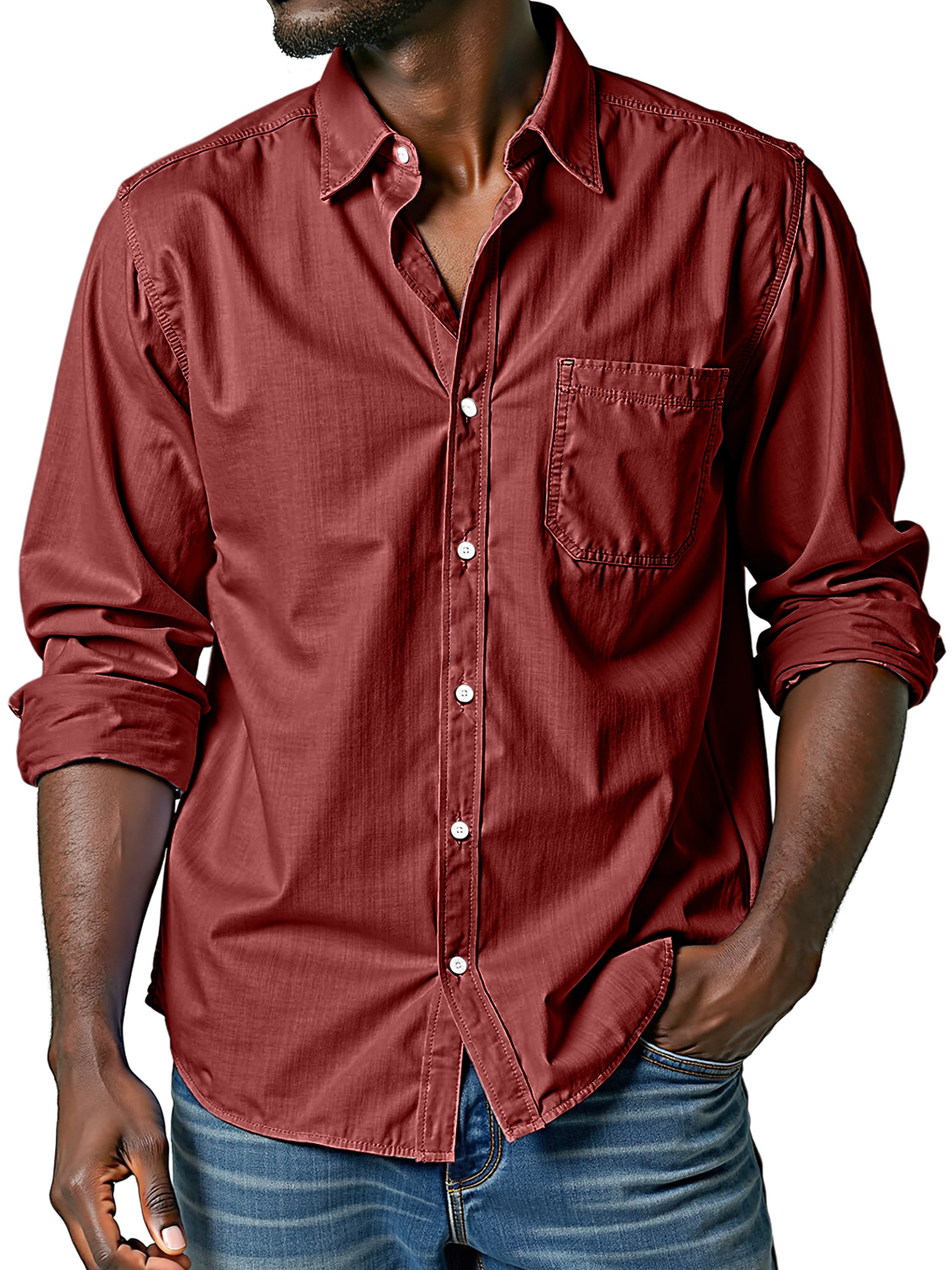 Men's Comfortable Lapel Casual Solid Color Long-sleeved Shirt