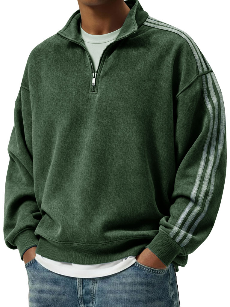 Men's Retro Fashion Distressed Striped Patchwork Stand Collar Long-Sleeve Sweatshirt