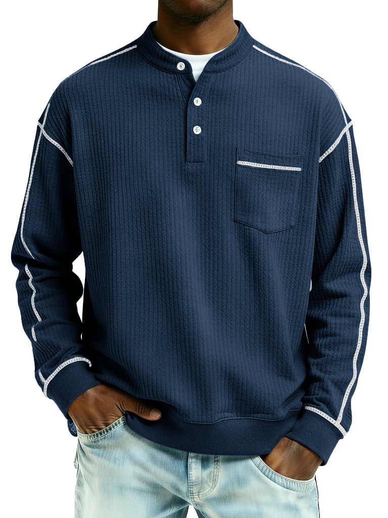 Men's Fashion Casual Contrast Waffle Fabric Pocket Long-Sleeve Henley Shirt