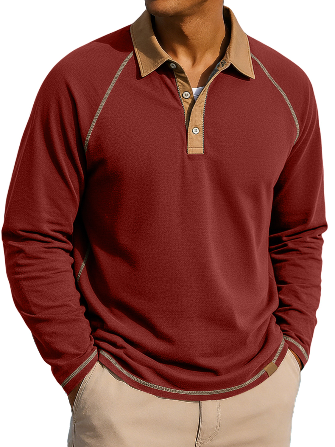 Men's Lapel Button-up Color-block Raglan Sleeve Casual Long-sleeved Polo Shirt