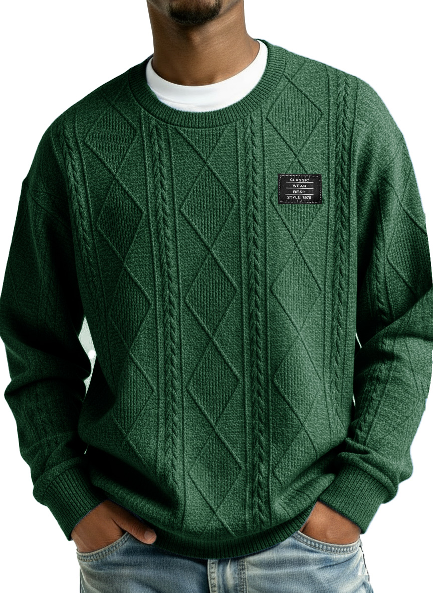 Men's Stylish Vintage Everyday Jacquard Fabric Embroidered Logo Long-sleeved Crew Neck Sweatshirt