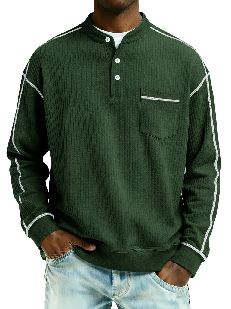 Men's Fashion Casual Contrast Waffle Fabric Pocket Long-Sleeve Henley Shirt