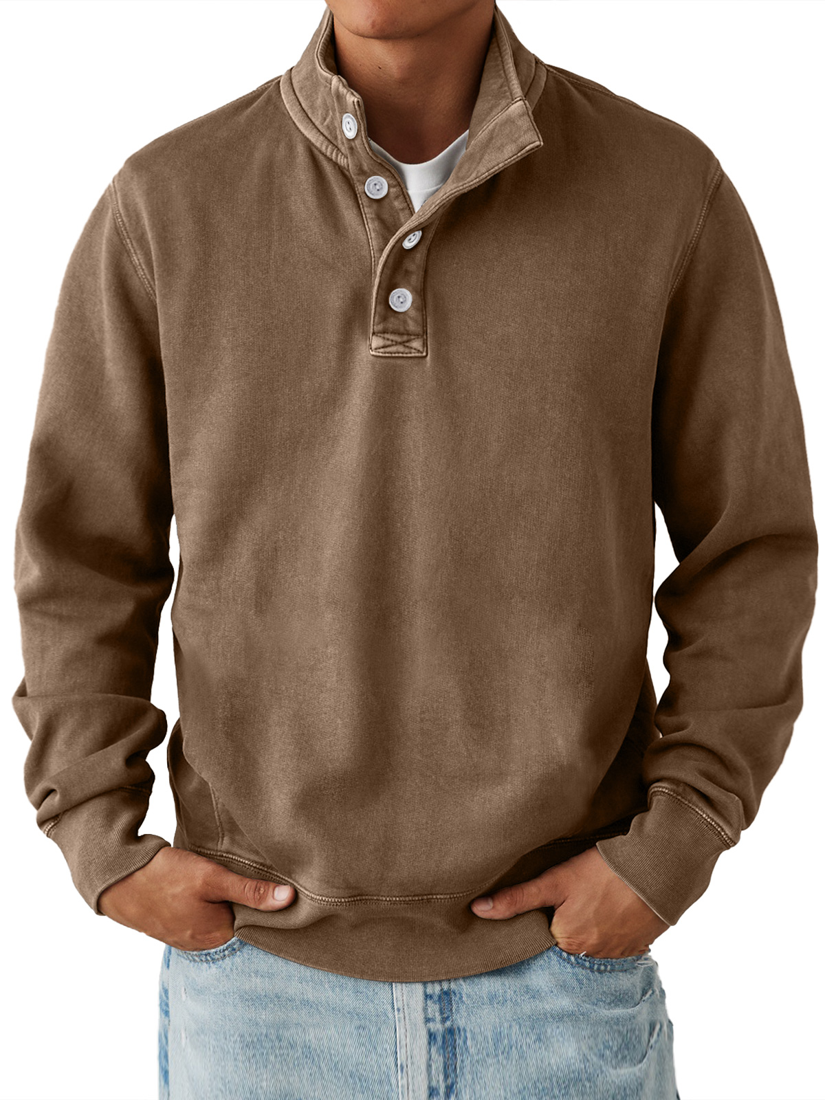 Men's Casual Stand Collar Button Solid Color Comfortable Sweatshirt