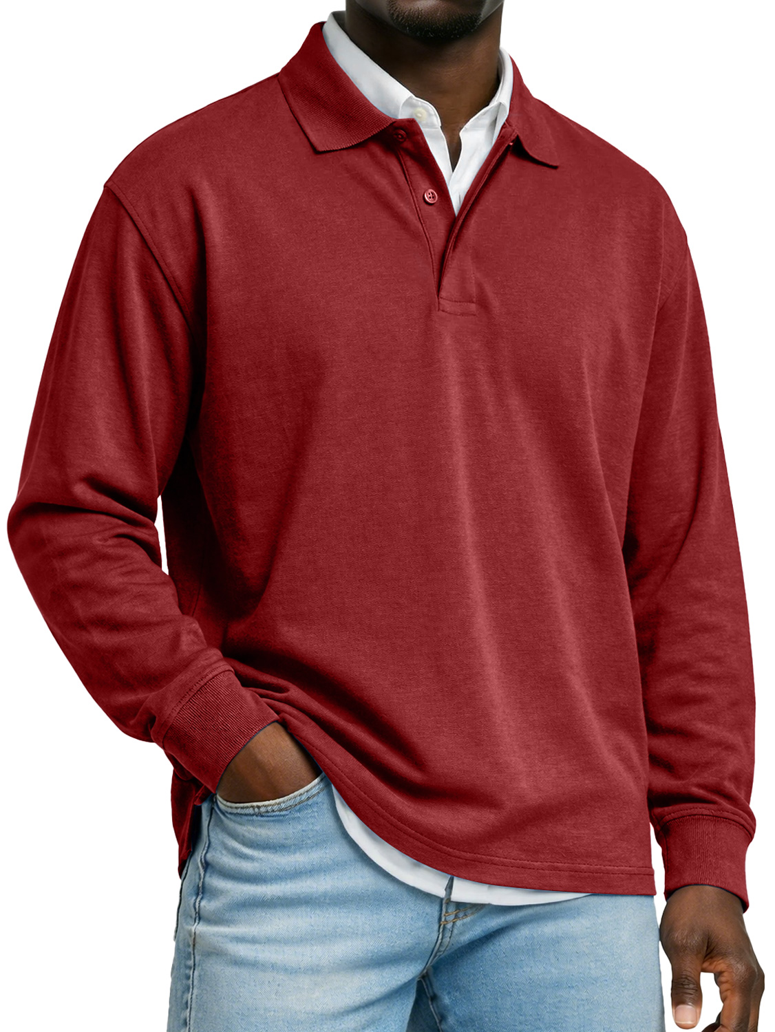 Men's Pure Cotton Long-sleeved Casual Polo Shirt With A Double-layered Placket And Collar Design