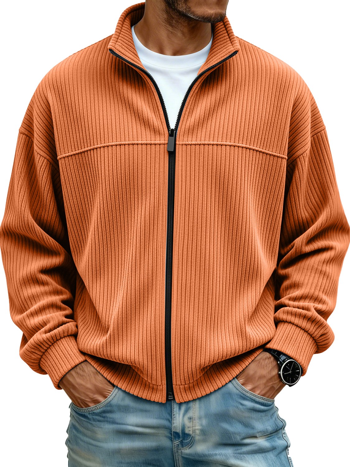 Men's Simple Stand Collar Ribbed Casual Loose-fitting Jacket