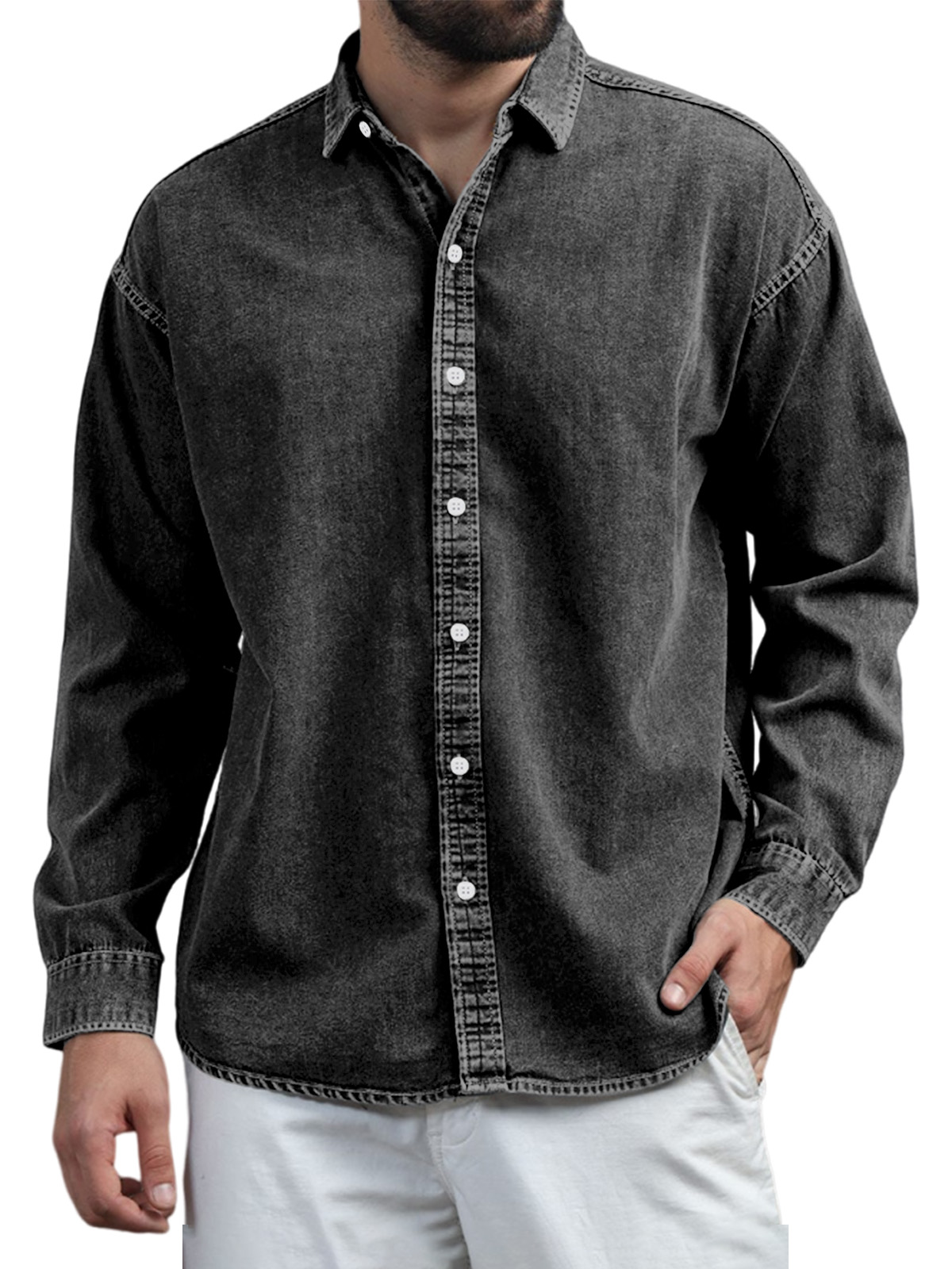Mens Retro Casual Solid Color Lapel Long Sleeve Shirt