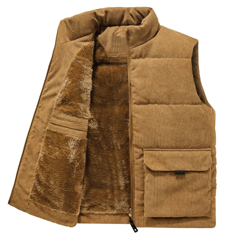 Men's corduroy stand-up collar vest with multiple pockets (fleece-lined and thickened)