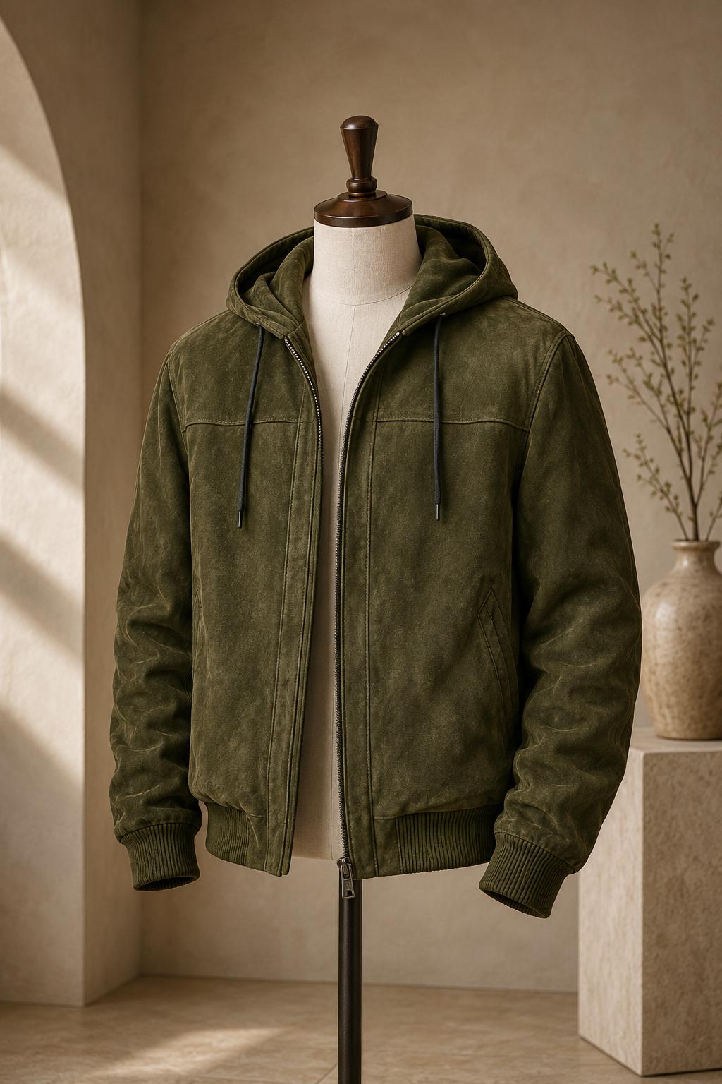 Men's Genuine Suede Bomber Jacket – Rib-Knit Trim, Casual Zip-Up Hoodie