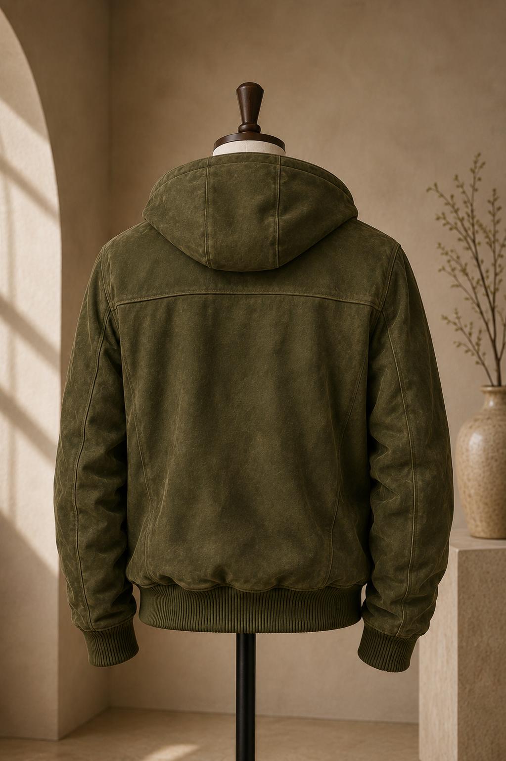 Men's Genuine Suede Bomber Jacket – Rib-Knit Trim, Casual Zip-Up Hoodie