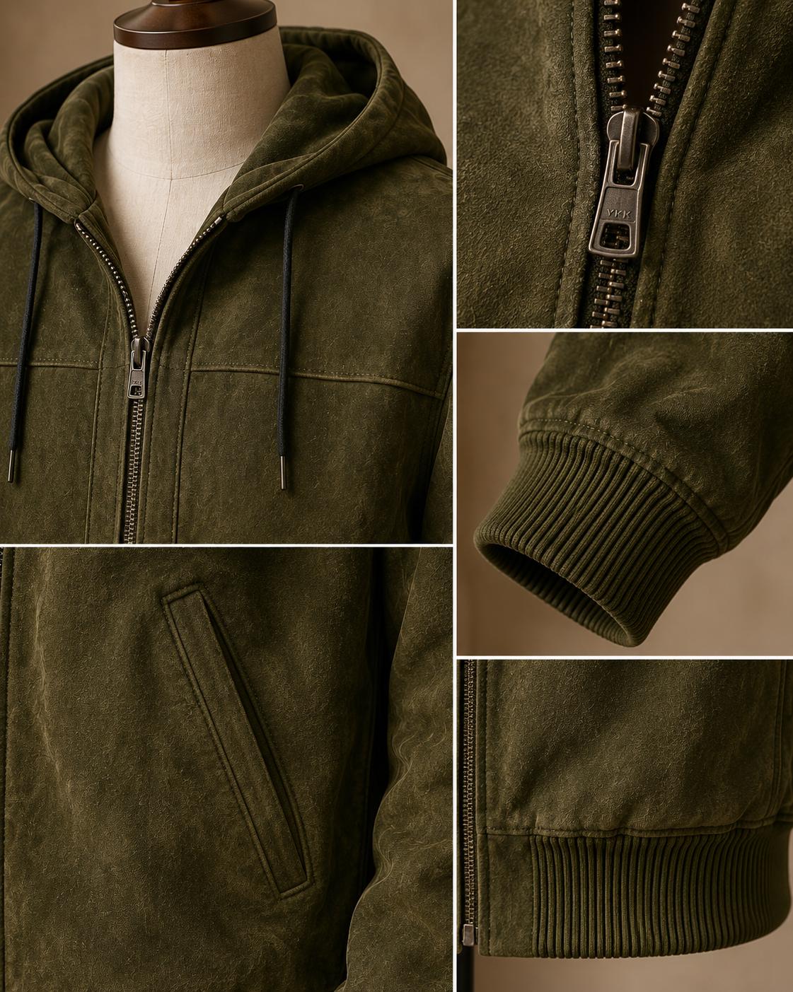 Men's Genuine Suede Bomber Jacket – Rib-Knit Trim, Casual Zip-Up Hoodie