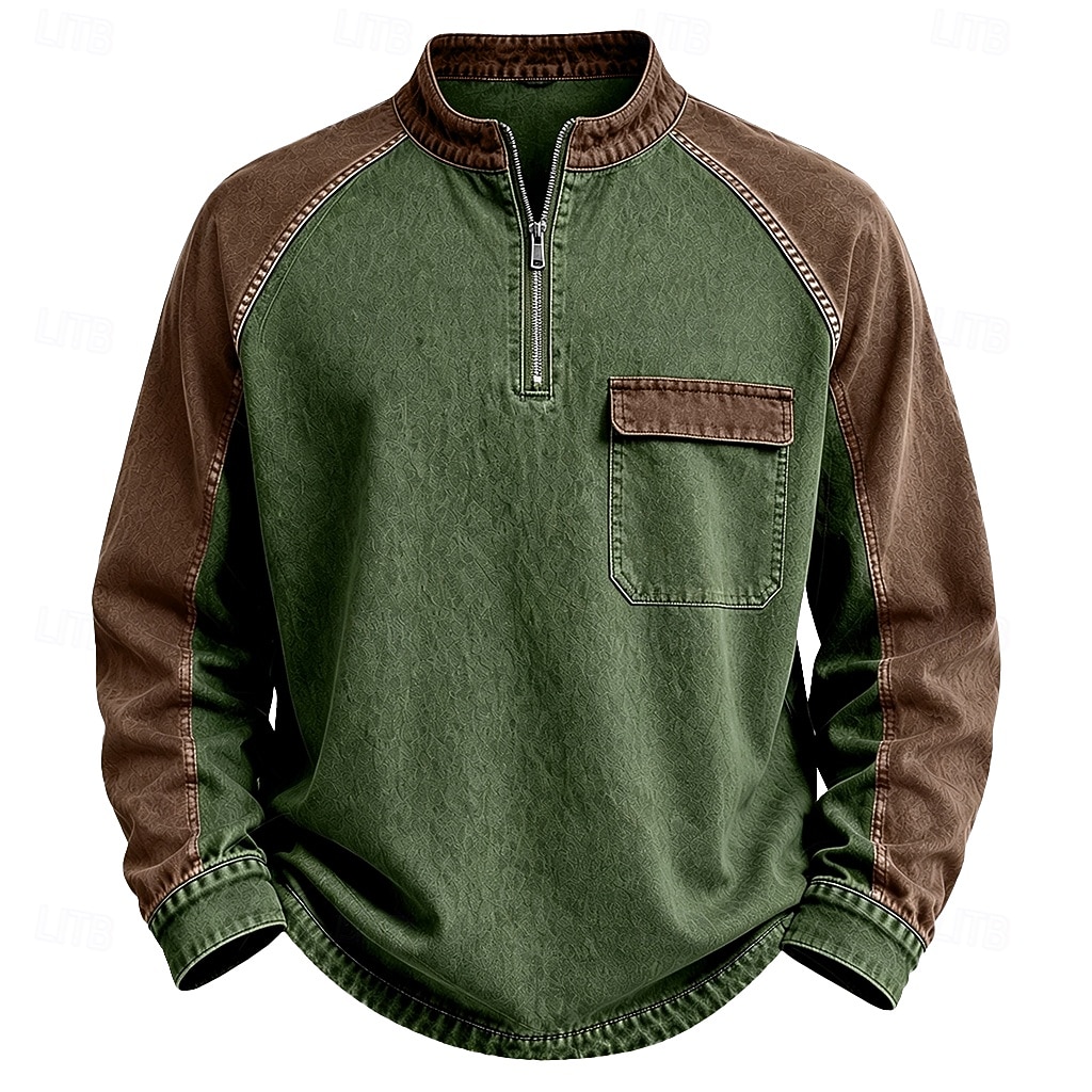 Men's Vintage Color-Block Quarter-Zip Henley Shirt – Long Sleeve Casual Pullover