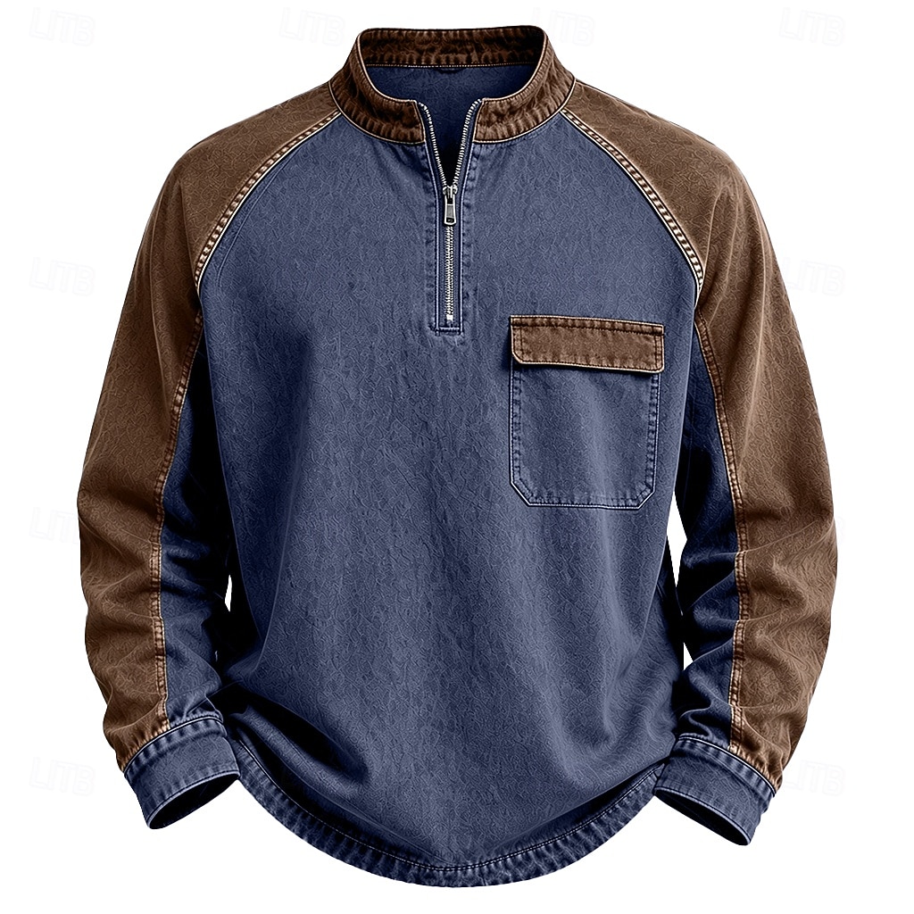 Men's Vintage Color-Block Quarter-Zip Henley Shirt – Long Sleeve Casual Pullover