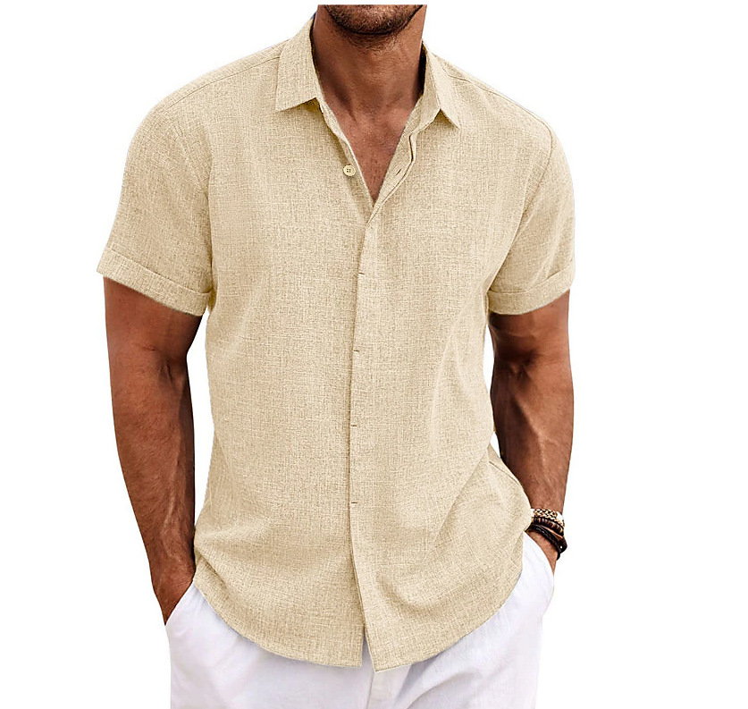 Men's Cotton and Linen Pullover Shirt Button-Down Everyday Hawaiian Short Sleeve Shirt