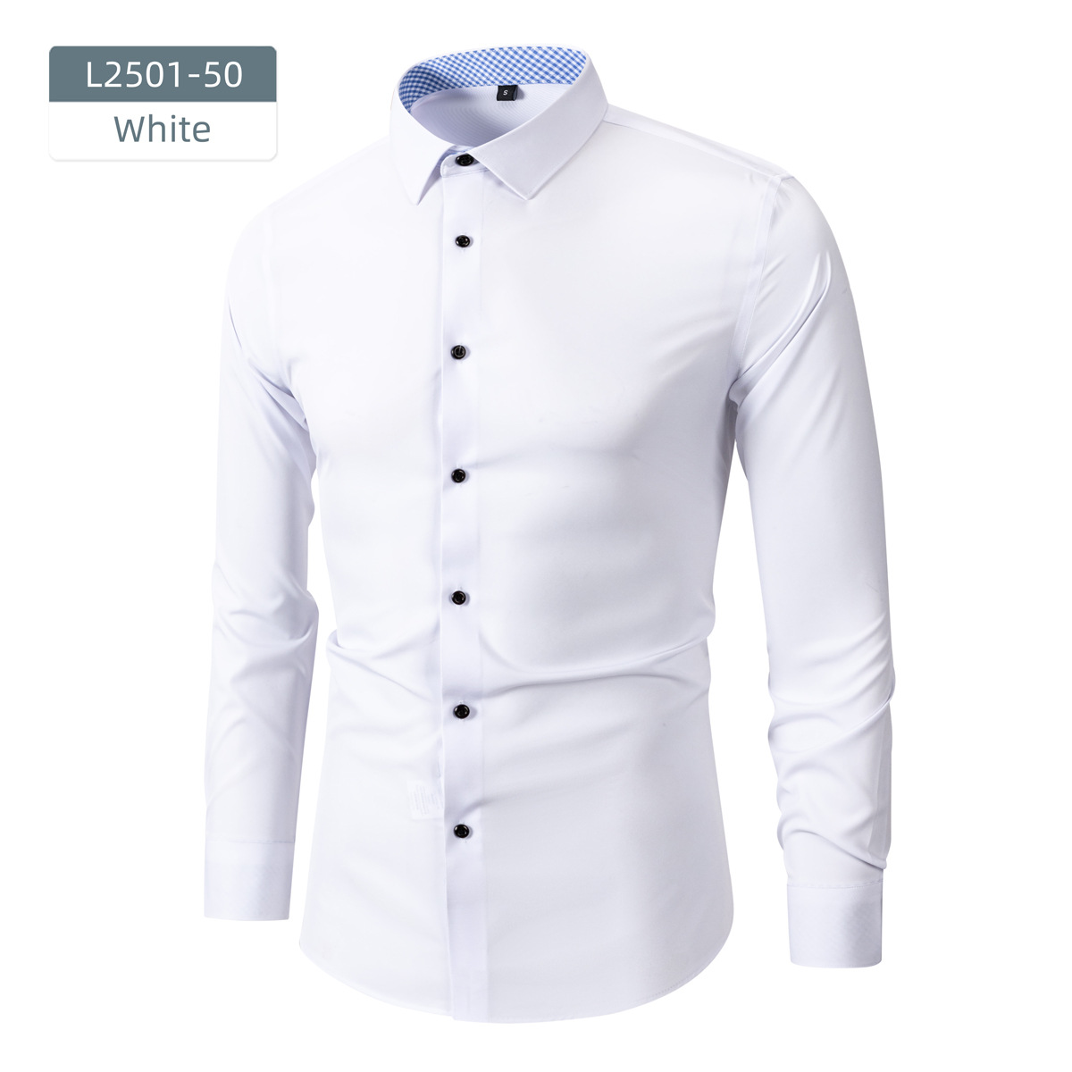 Men's long-sleeved business shirt with stretch fabric and contrasting buttons.