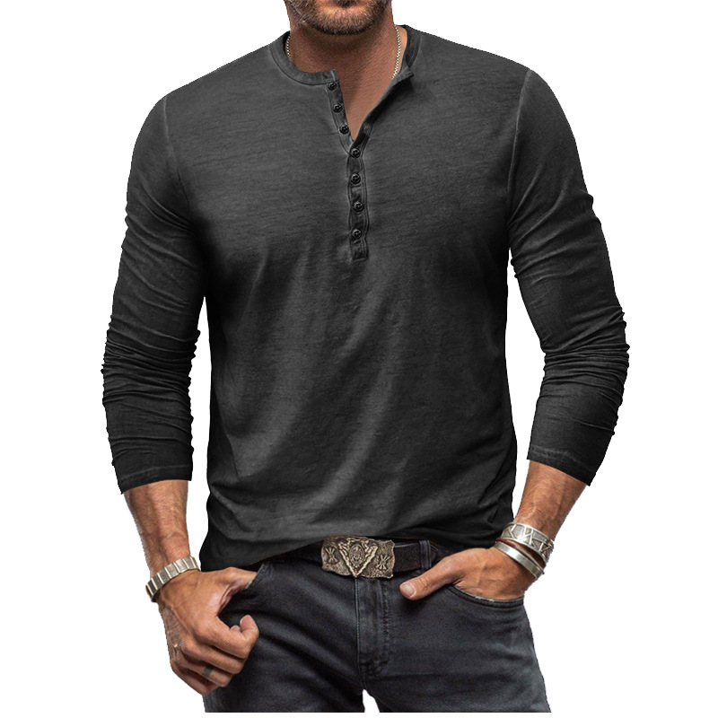 Men's tie-dye Henley button-up slim-fit vintage long-sleeved T-shirt