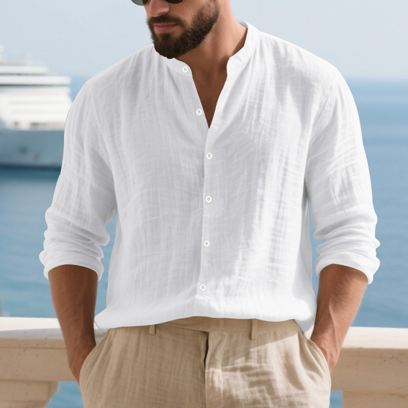 Men's stand-up collar casual loose linen shirt
