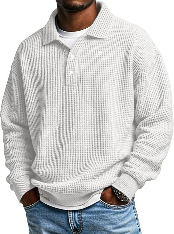 Men's Solid Waffle-Knit Polo Sweatshirt