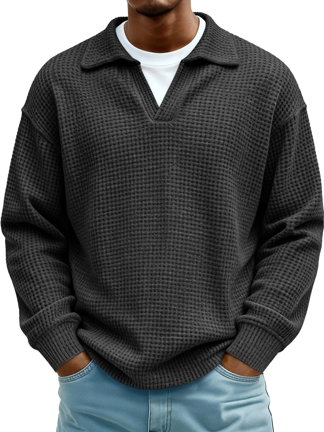 Men's Loose and Comfortable Waffle Knit Polo Shirt