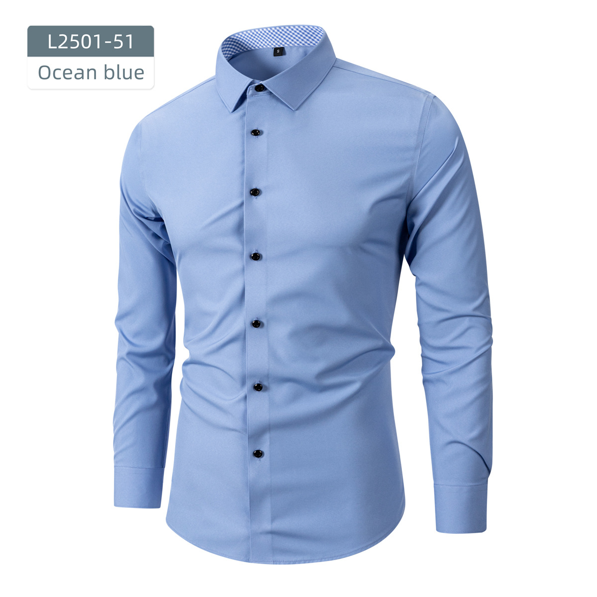 Men's long-sleeved business shirt with stretch fabric and contrasting buttons.