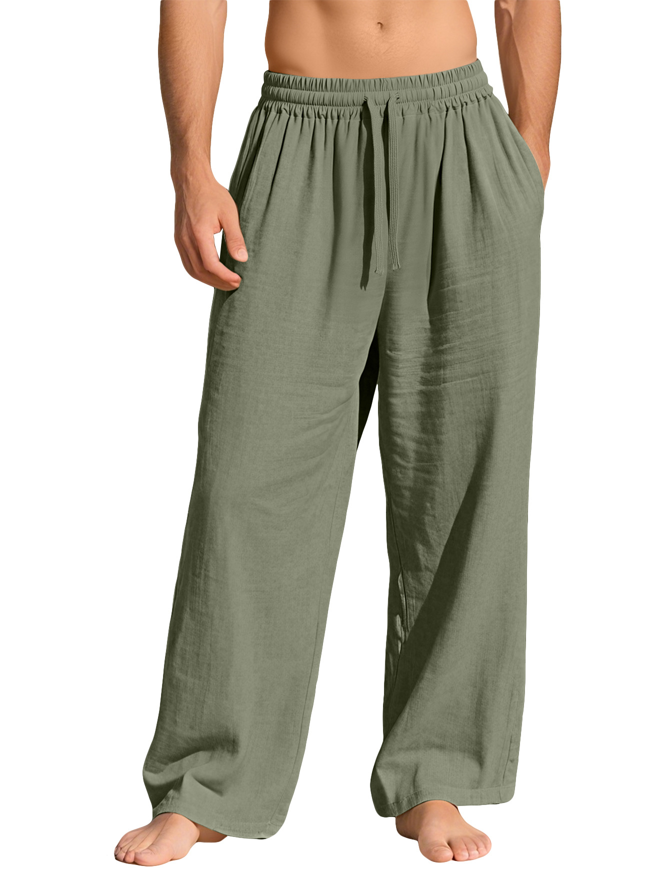 Men's linen loose-fitting solid color pocket drawstring casual sports pants