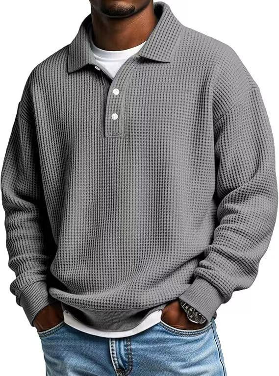 Men's Solid Waffle-Knit Polo Sweatshirt