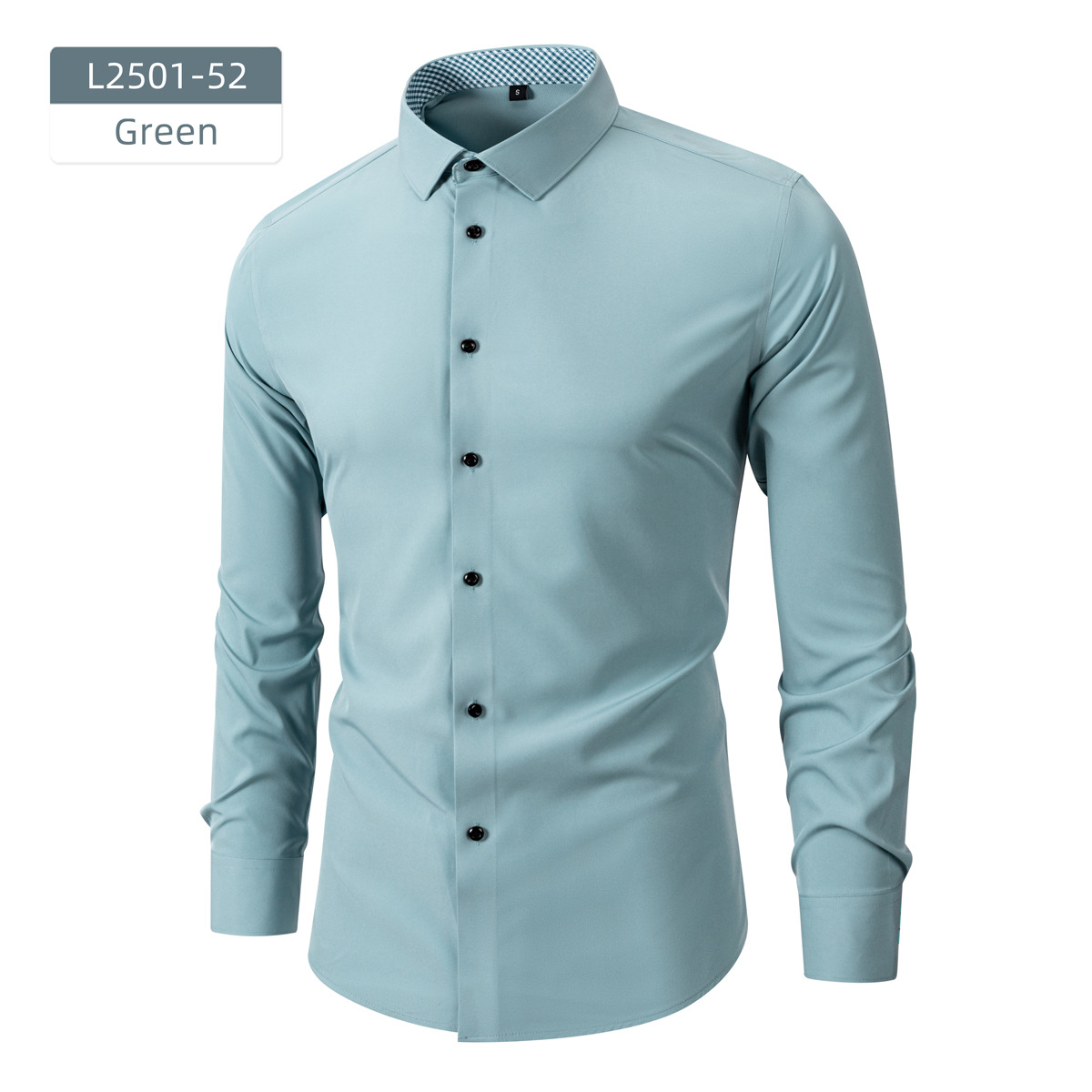 Men's long-sleeved business shirt with stretch fabric and contrasting buttons.