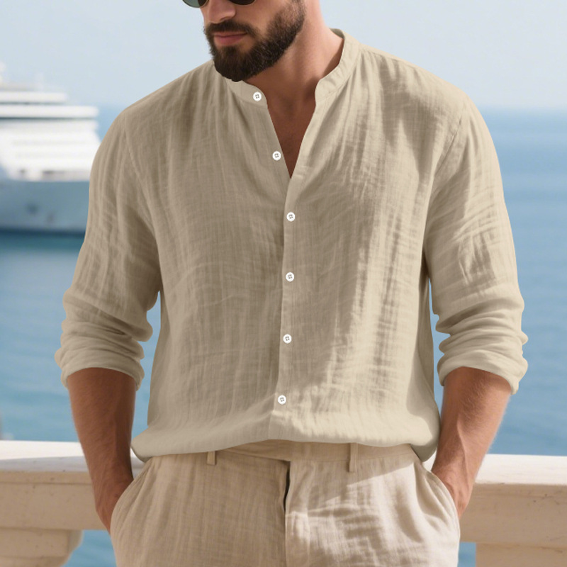 Men's stand-up collar casual loose linen shirt