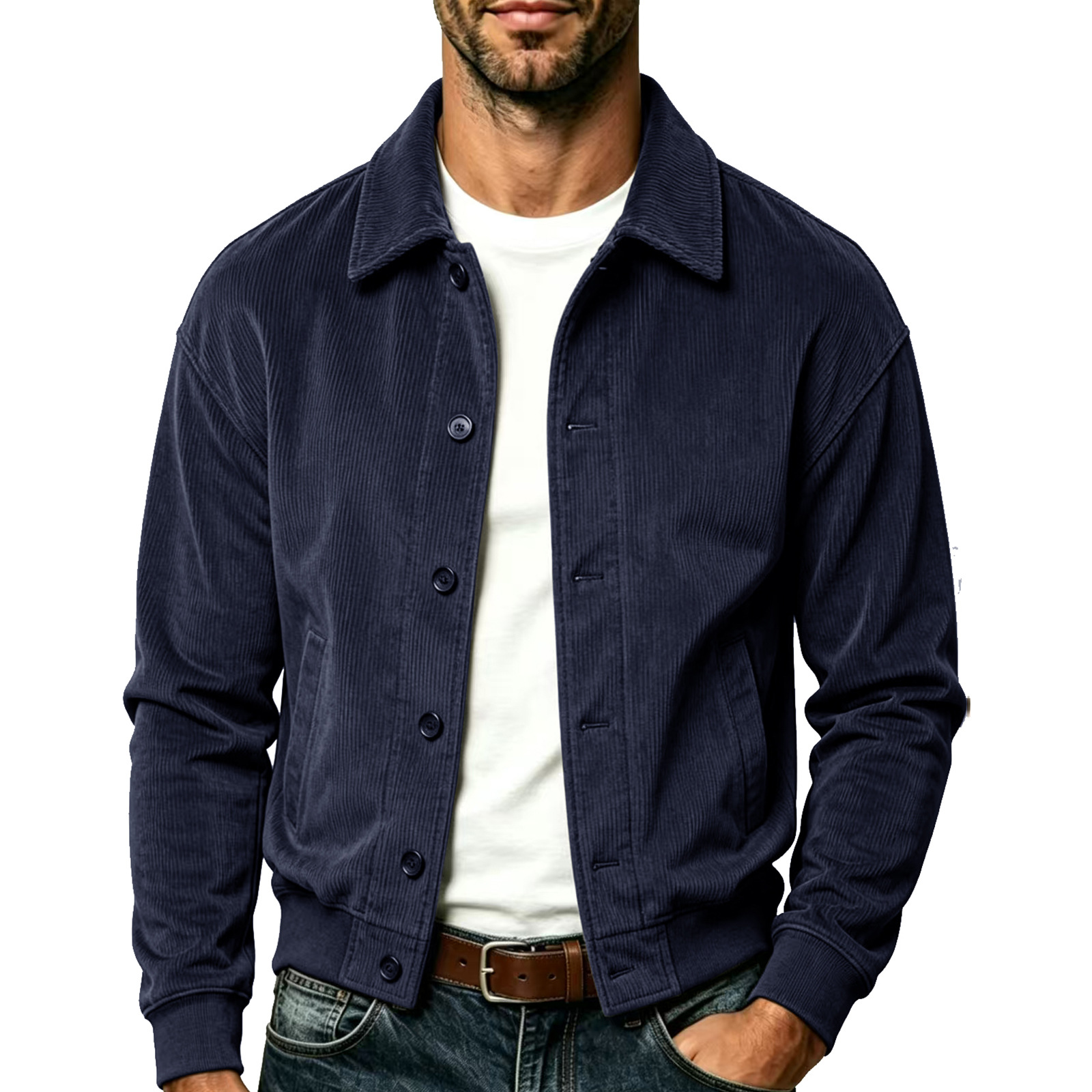 Men's Long-Sleeve Corduroy Jacket with Lapel and Slip Pockets