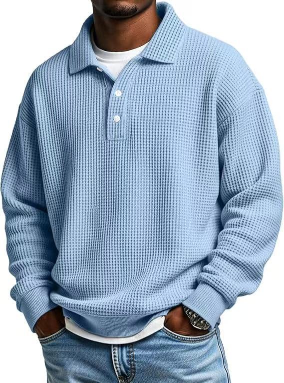 Men's Solid Waffle-Knit Polo Sweatshirt
