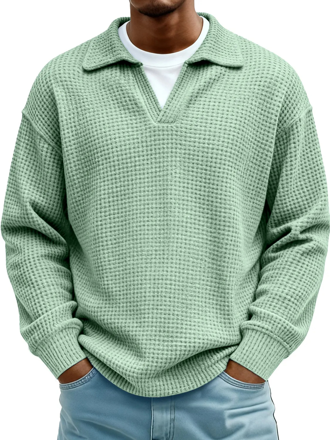 Men's Loose and Comfortable Waffle Knit Polo Shirt