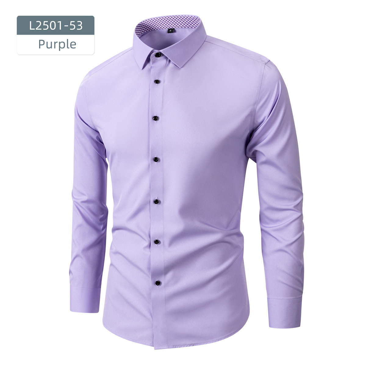 Men's long-sleeved business shirt with stretch fabric and contrasting buttons.