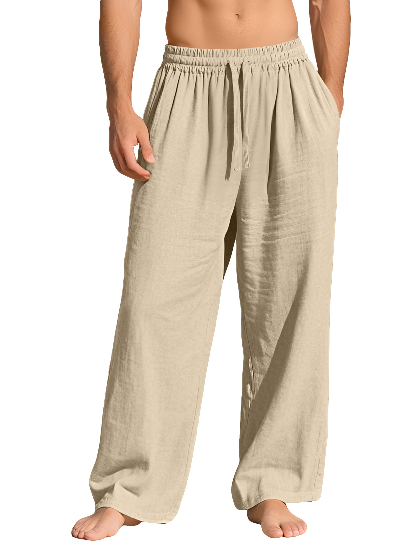 Men's linen loose-fitting solid color pocket drawstring casual sports pants