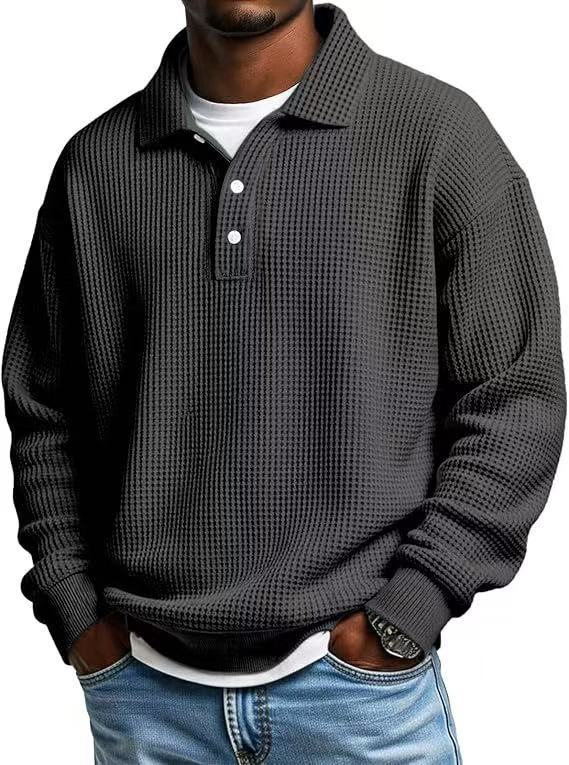 Men's Solid Waffle-Knit Polo Sweatshirt