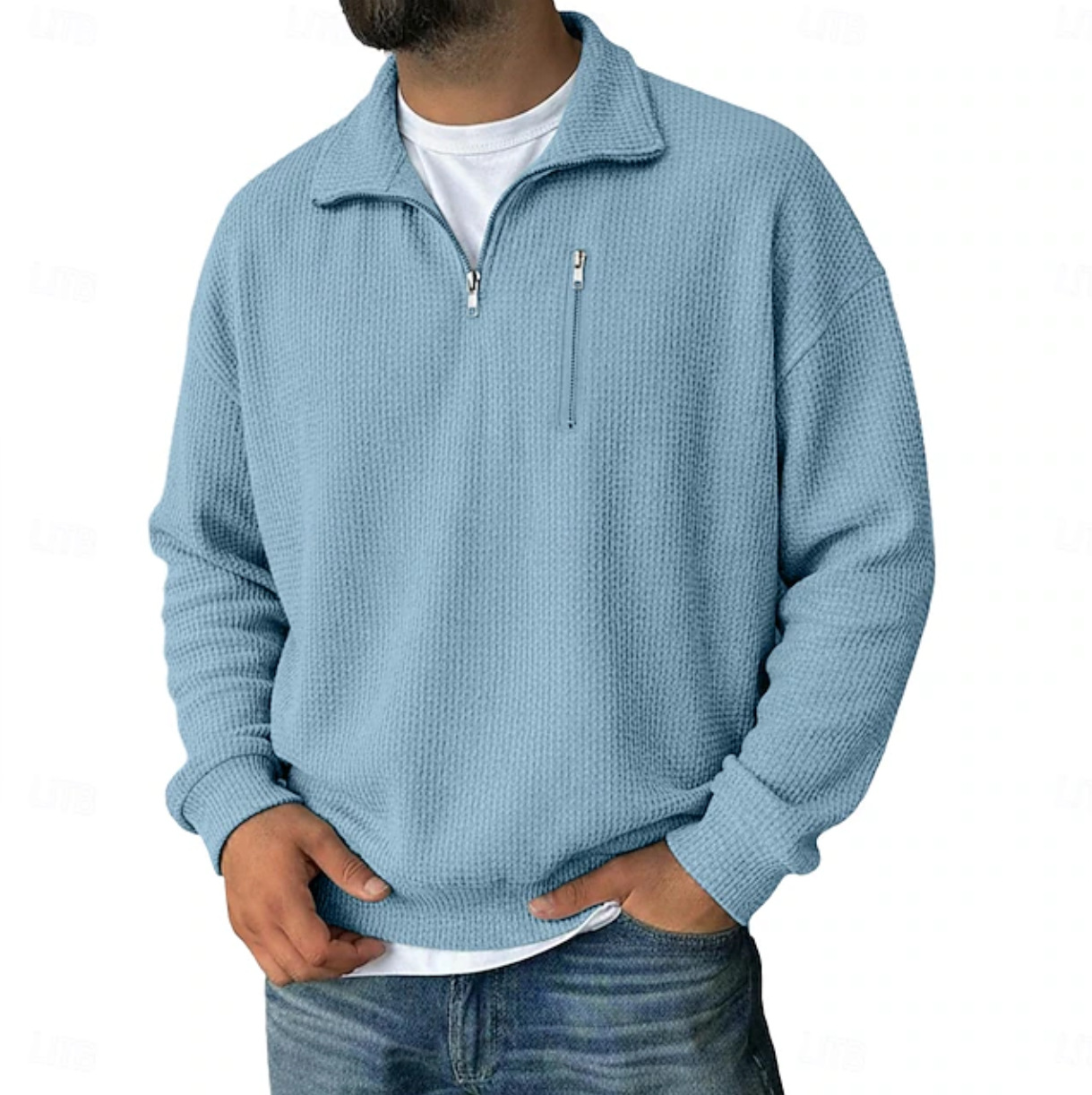 Men's half-zip long-sleeved heavyweight striped stand-collar loose-fitting sweatshirt