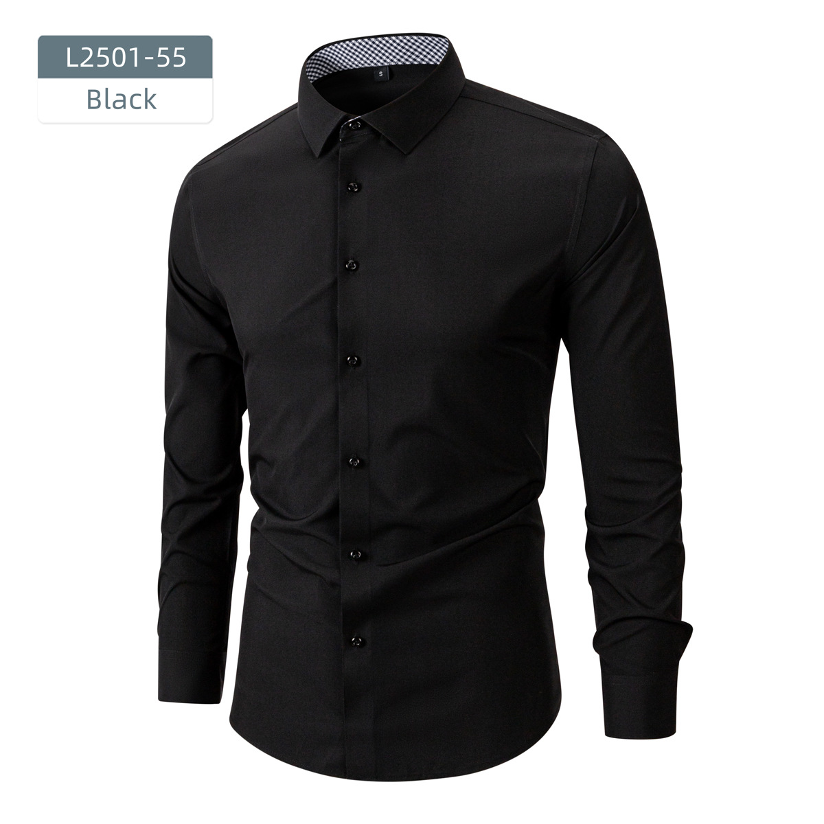 Men's long-sleeved business shirt with stretch fabric and contrasting buttons.