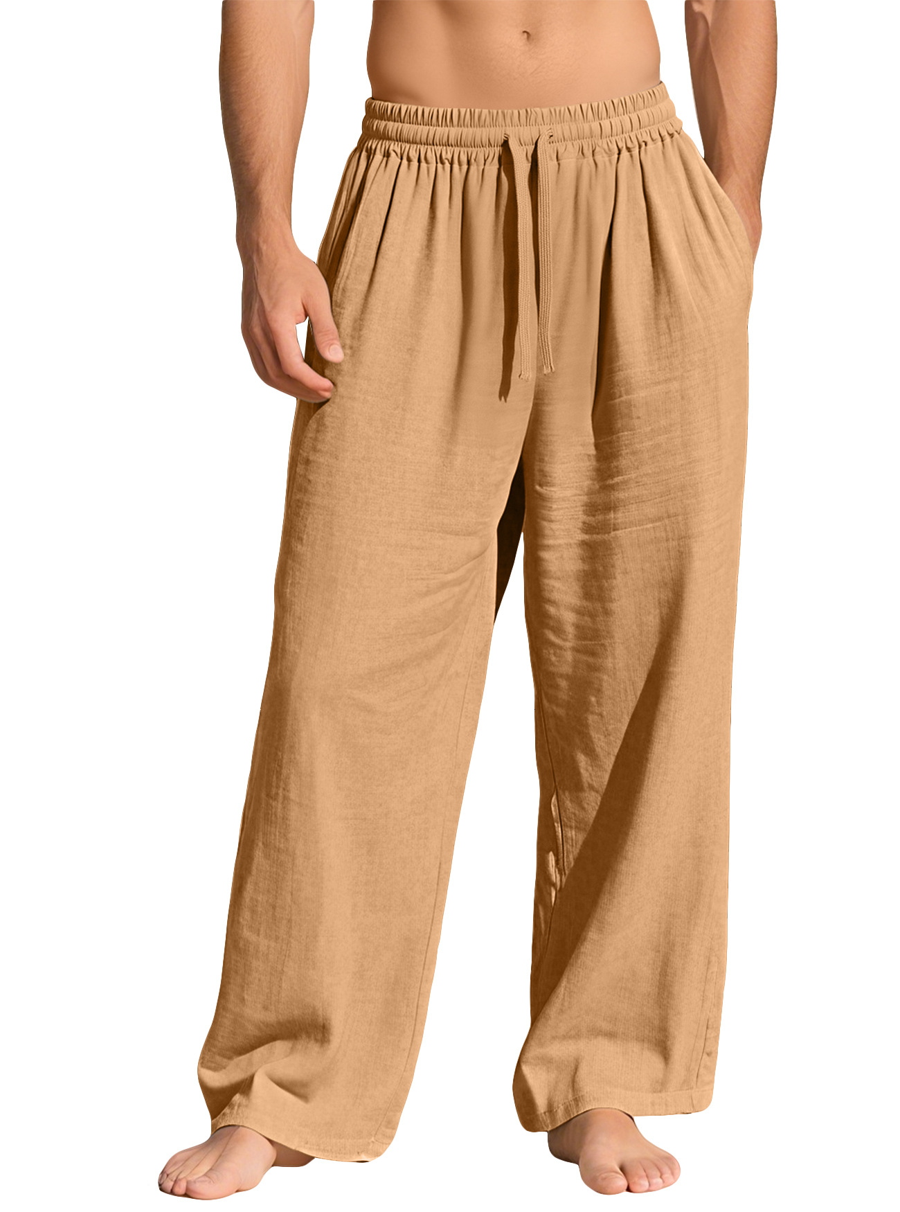 Men's linen loose-fitting solid color pocket drawstring casual sports pants