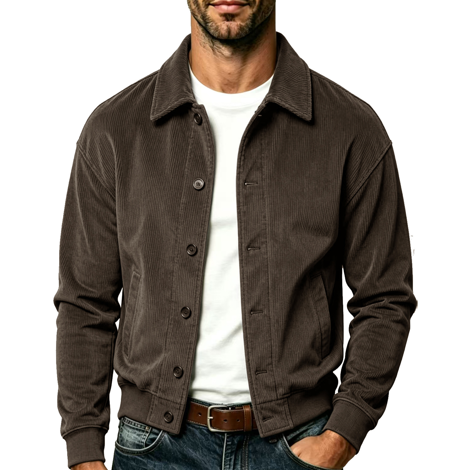 Men's Long-Sleeve Corduroy Jacket with Lapel and Slip Pockets
