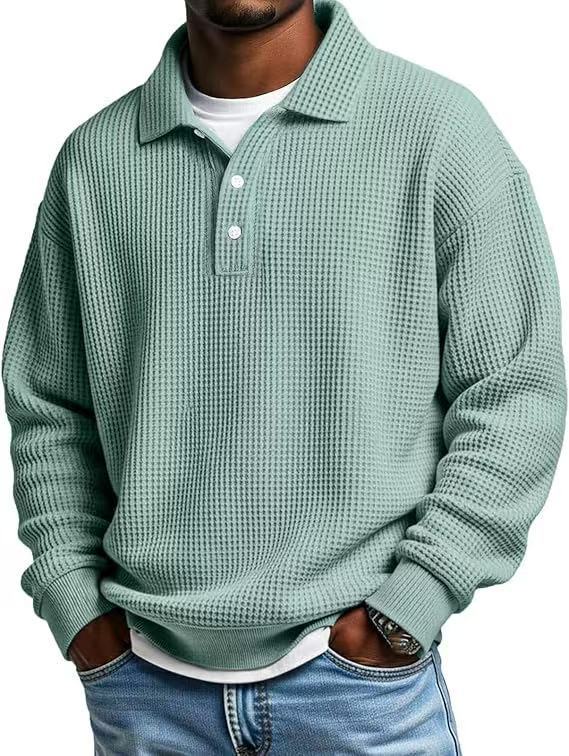 Men's Solid Waffle-Knit Polo Sweatshirt