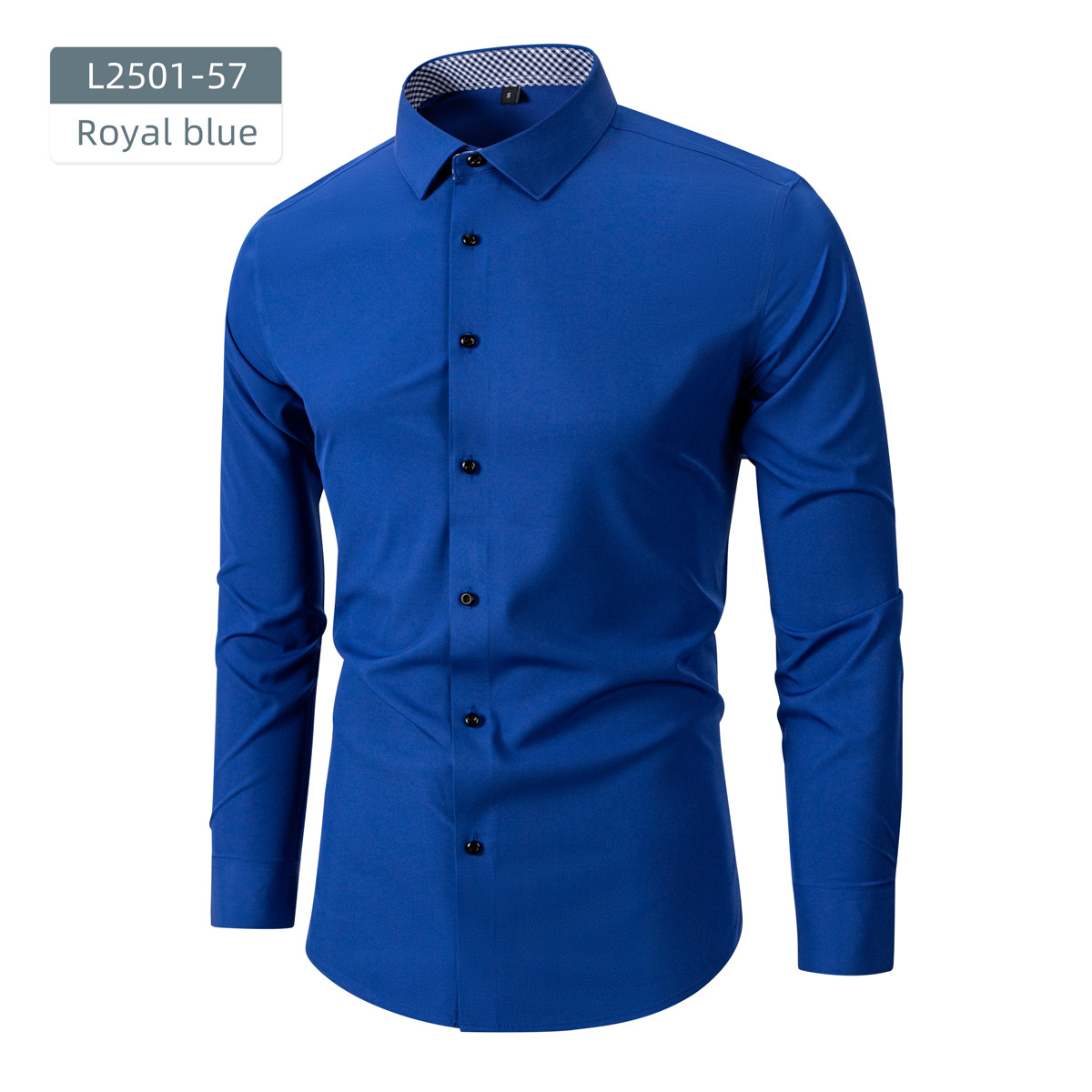 Men's long-sleeved business shirt with stretch fabric and contrasting buttons.