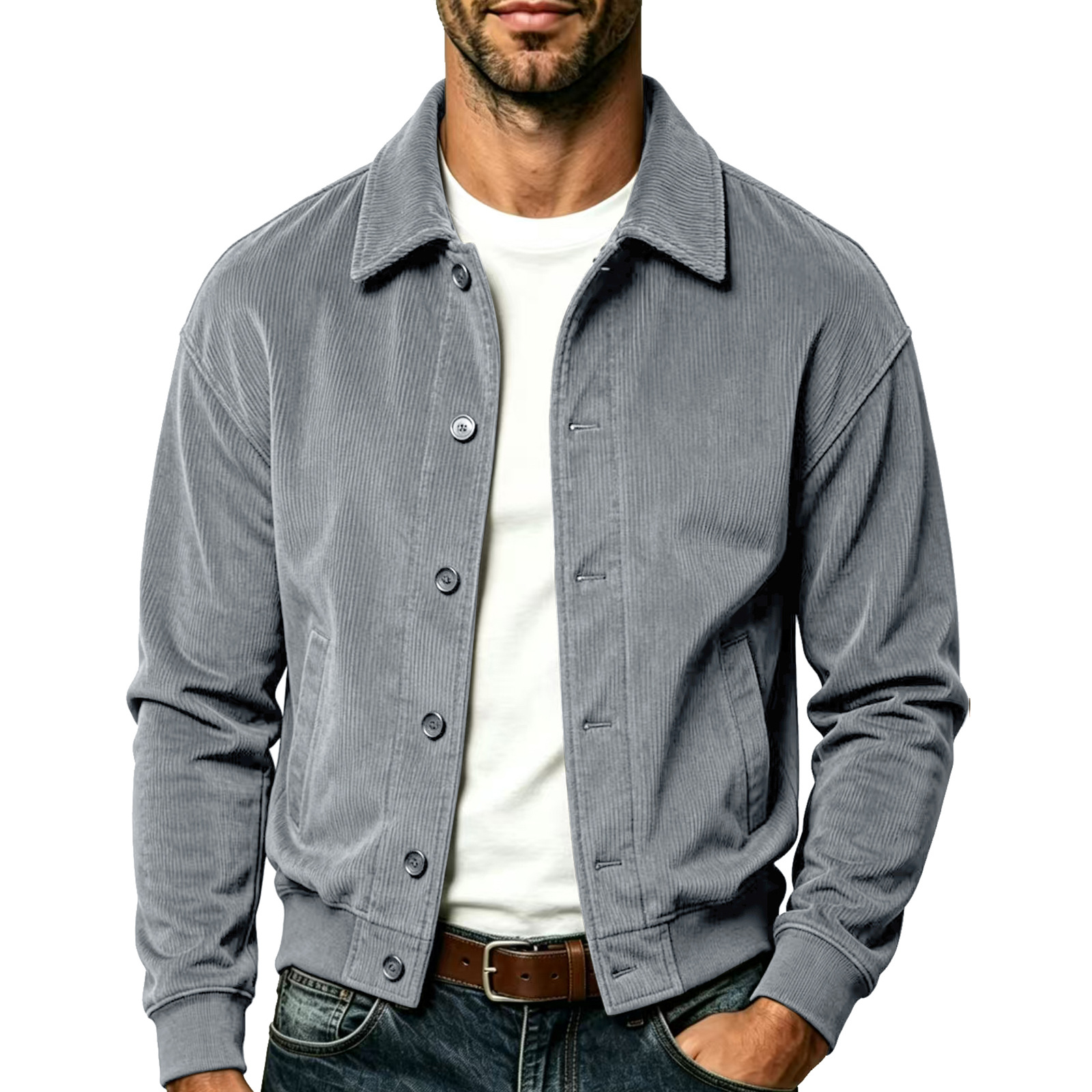 Men's Long-Sleeve Corduroy Jacket with Lapel and Slip Pockets