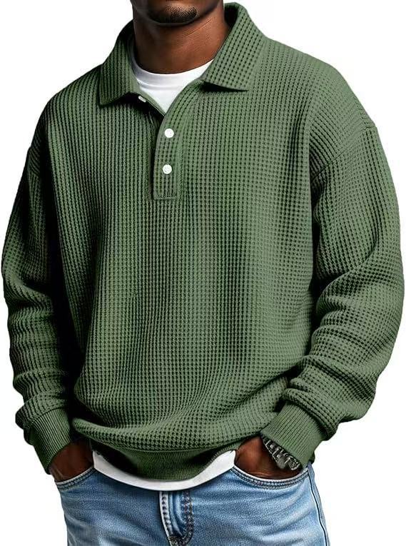 Men's Solid Waffle-Knit Polo Sweatshirt