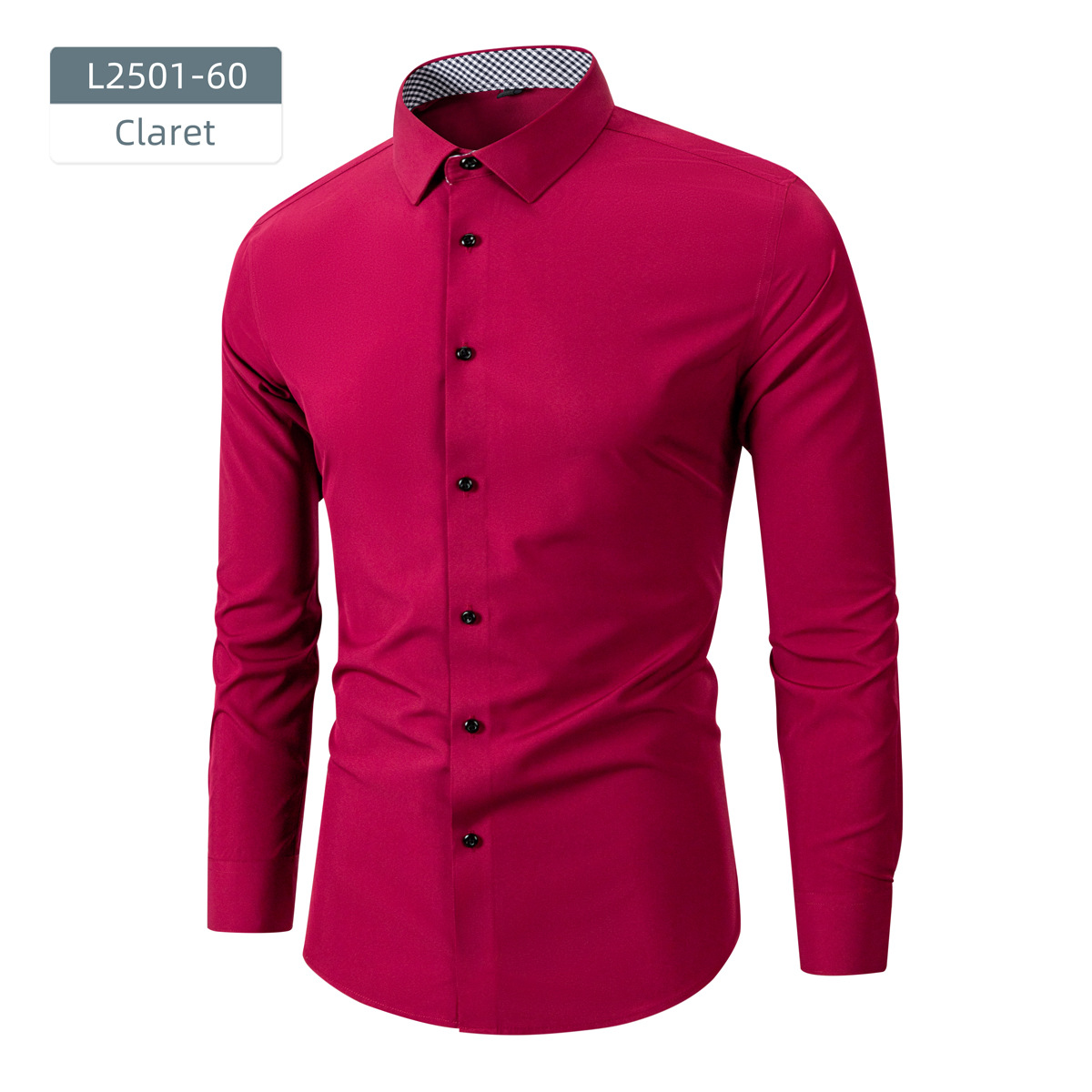 Men's long-sleeved business shirt with stretch fabric and contrasting buttons.
